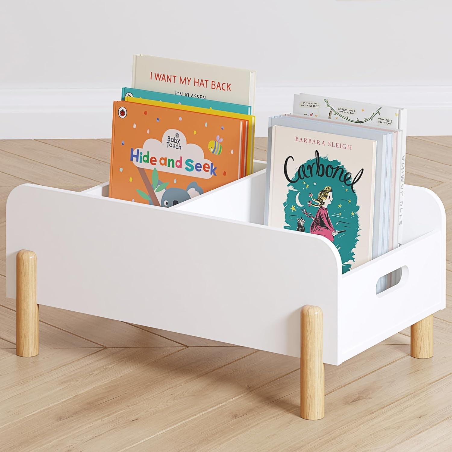 STAROUS Montessori Bookshelf for Toddlers, Wooden Book Caddy with Adjustable Divider, Floor Book Display, Toddler Book Rack, Kids Bookcase for Classroom Kids Room Nursery