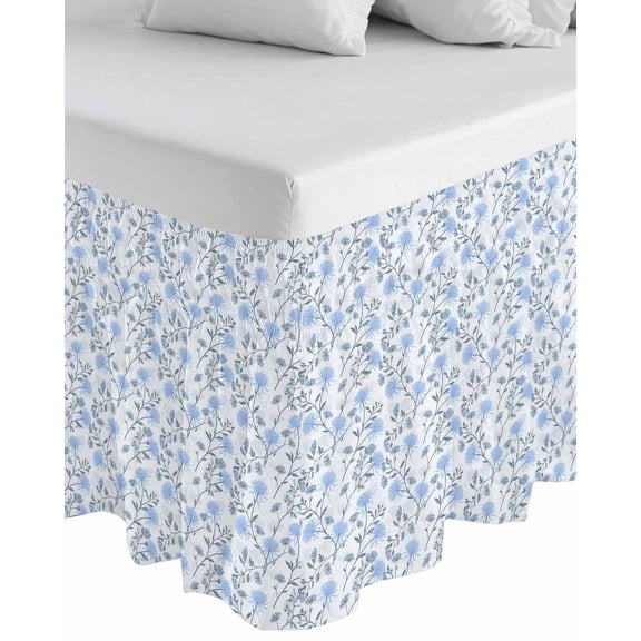 Blue Spring Floral Wrap Around Bed Skirts for California King Bed 16" Drop,Bed Skirt with Adjustable Elastic Belt Dust Ruffle Bed Valance for Bedroom Flowers Leaves Pastoral Botanical Bed Frame Cover