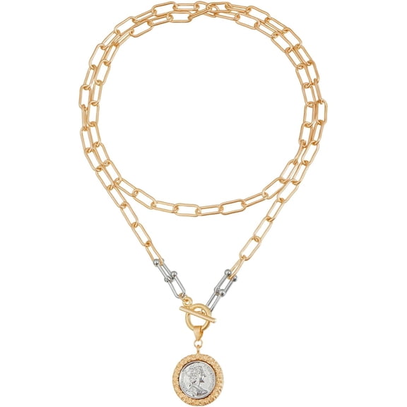Terandius Chunky Gold Plated Coin Necklace for Women, Reversible Pendant Necklace, Toggle Clasp, Adjustable 36.6 Inch, Vintage Statement Jewelry Gift for Her