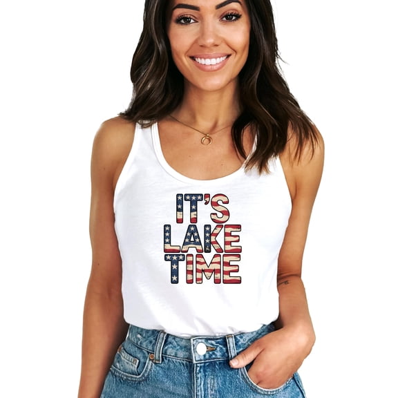 It's Lake Time Tank Top for Women & Teens American Flag Summer Sleeveless Tee White Tank Top Medium