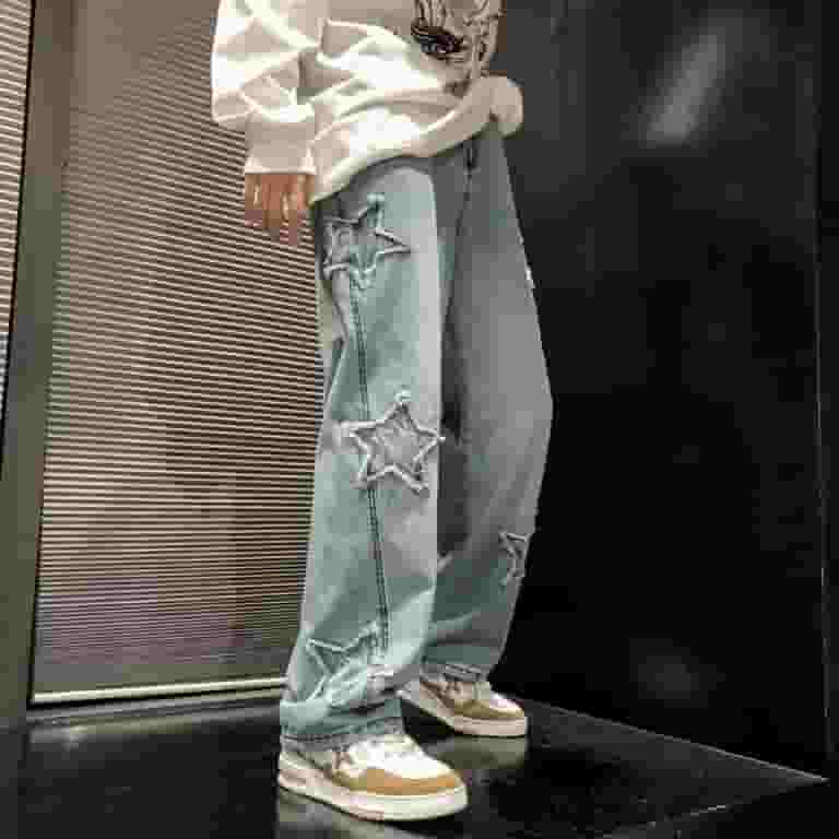 ◆25SS BAUF Star Symbol Pants/2色◆ Fashion Stars Towel Embroidery Balck Men Jeans Pants Y2K