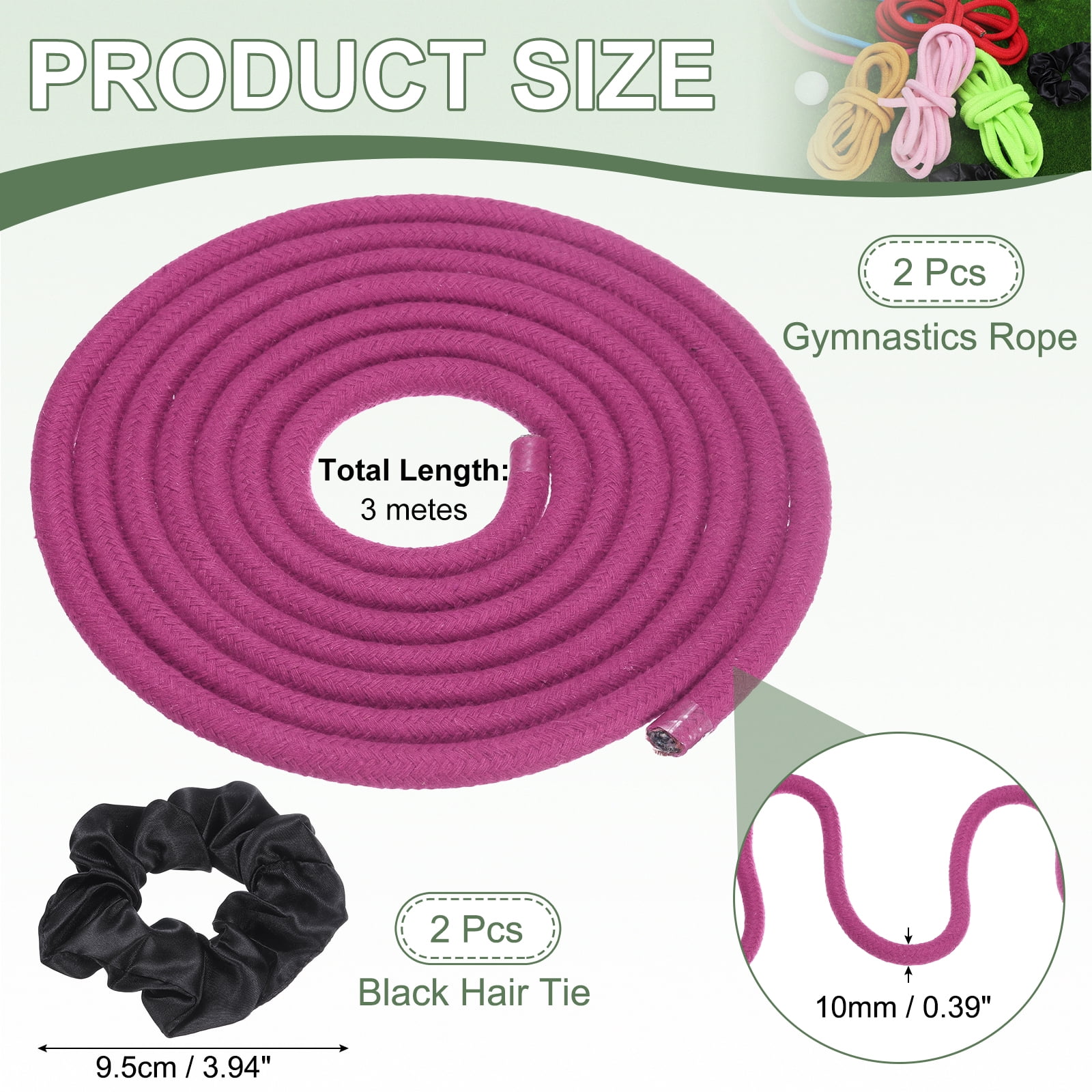 Gymnastics Rope, Exercise Fitness Aerobic Gymnastic Skipping, Rhythmic Gymnastics Arts Rope with Hair Tie 3 Meters& 2Pcs & Rose Red - Fit for (Fitness/Outdoor Activities/Yoga)