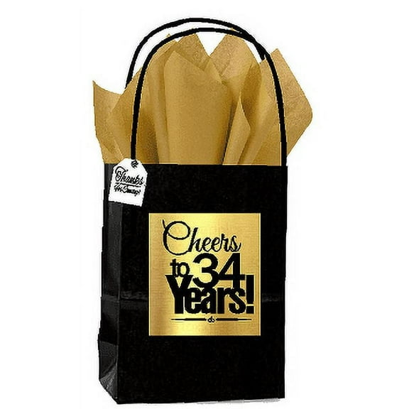 Black & Gold 34th Birthday / Anniversary Cheers Themed Small Party Favor Gift Bags with Tags -12pack