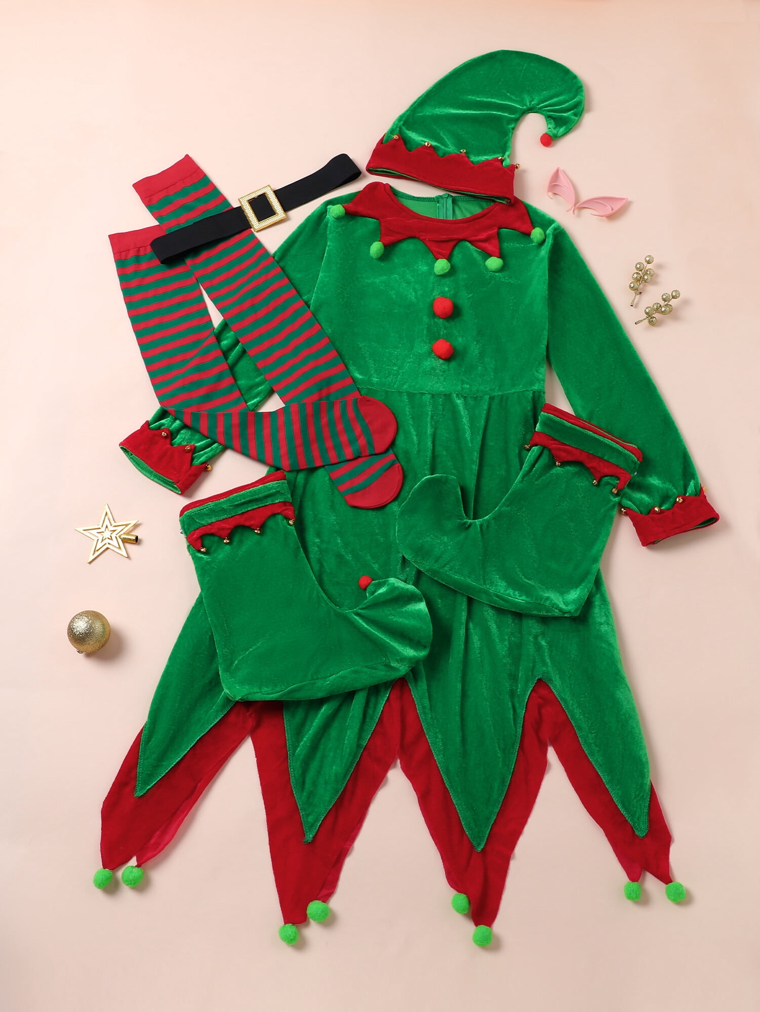 ZOEREA 7Pcs Kids Christmas Elf Green Set Outfit Velevt Dress Xmas Girl's Outfit with Elf Ears, Hat, Shoes, Belt, Socks 4-12Y