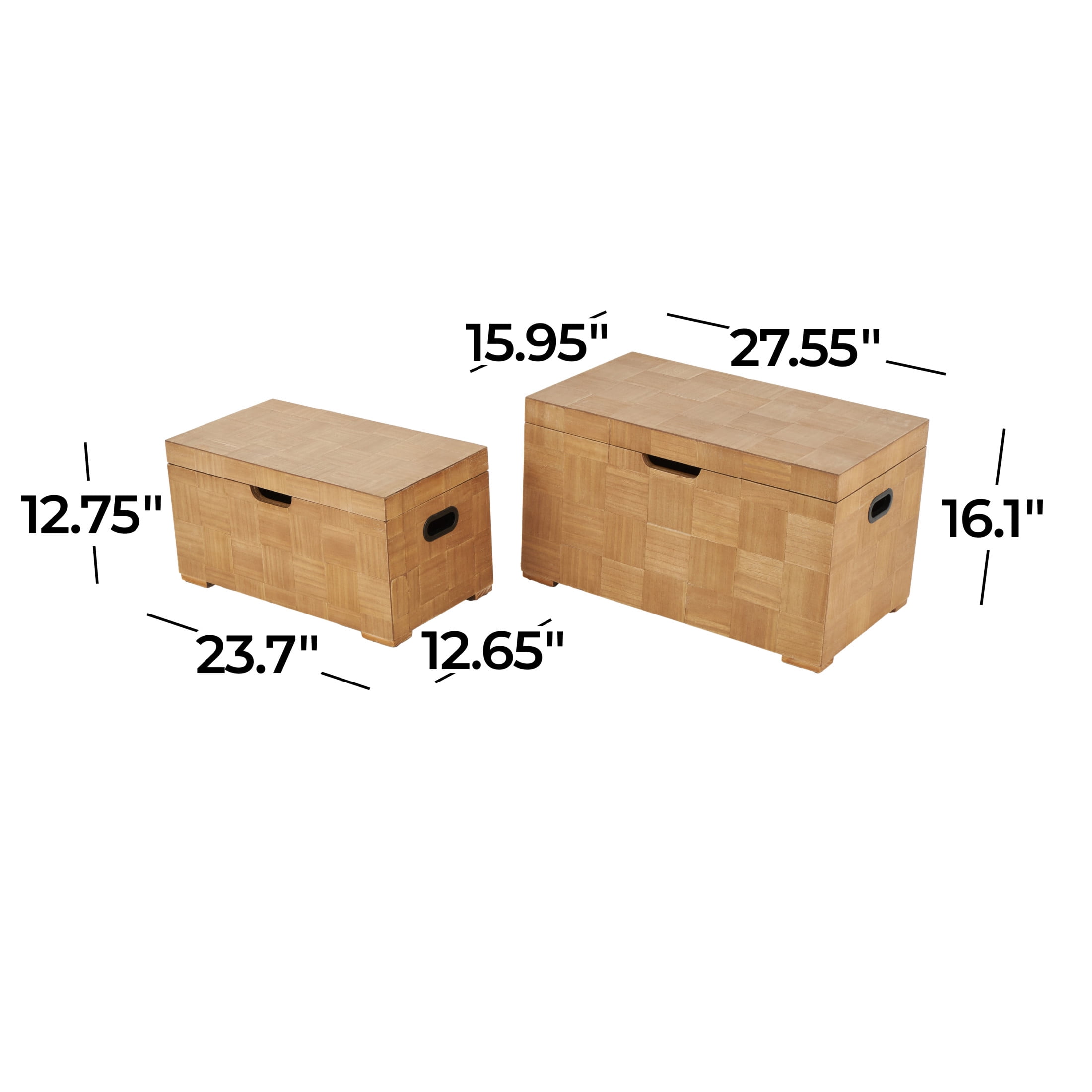 DecMode 28" x 16" Brown Wood Handmade Trunk with Black Metal Accents and Square Patterns, 2-Pieces