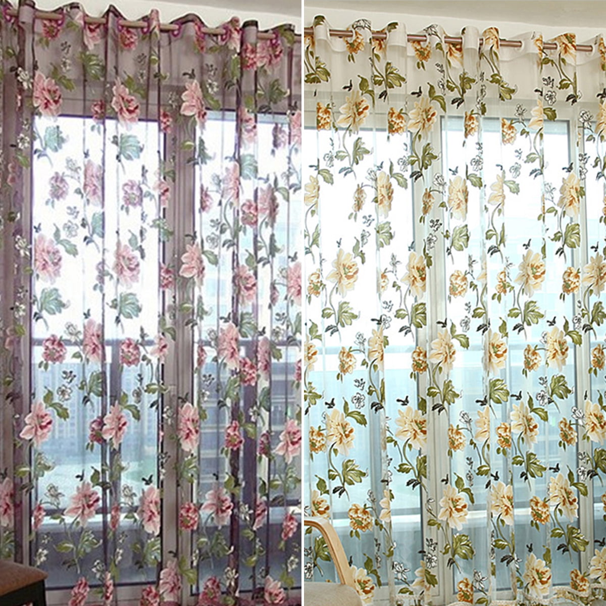 1PC Grommet Voile Sheer Floral Tulle Window Curtain Door Curtain Drape Panel 