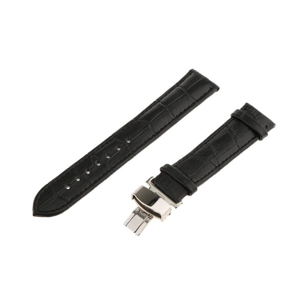 Correa de reloj de cuero genuino con cierre desplegable de mariposa para hombre, 18, 20 y 22 mm Negro 20 mm