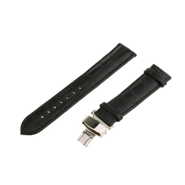 Correa de reloj de cuero genuino con cierre desplegable de mariposa para hombre, 18, 20 y 22 mm Negro 20 mm