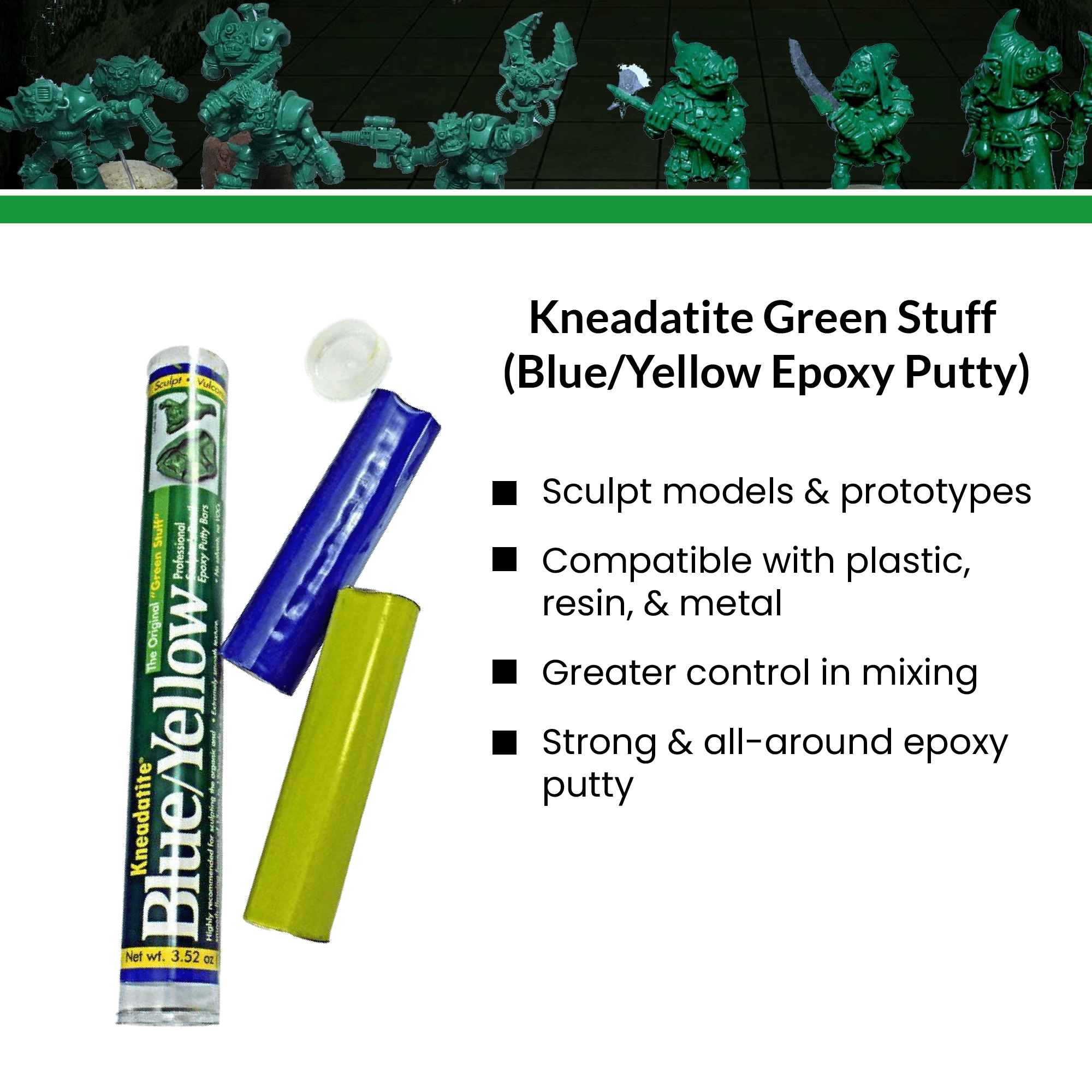Bluewolf Labs Green Stuff Putty - 24 Inches - Epoxy Putty for Miniatures,  Sculpting, and Modeling - Original Kneadatite Greenstuff Putty