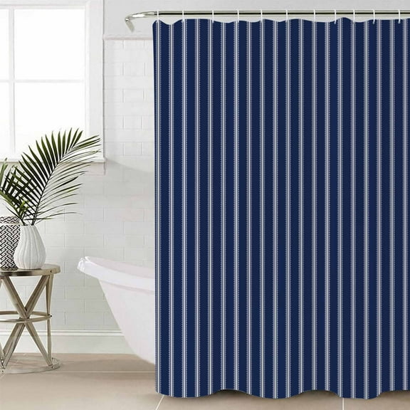 Navy Blue Striped Waterproof Fabric Shower Curtain, Navy Blue White Farmhouse Stripes Shower Curtain for Bathroom Curtains Bathtubs Hotel Washable Shower Curtains with 12 Hooks Small 36x78in