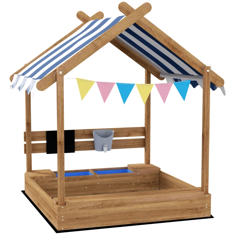 House Design Wooden Kids Sandbox with Weather-Resistant Canopy, Fir Wood Play Sandbox with Seats, Sink & Blackboard, Open Bottom Sand Pit for Backyard Outdoor Play, Ages 3-7