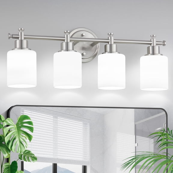 4-Light Bathroom Vanity Light, Brushed Nickel Vanity Light Fixture with White Frosted Glass Shades, Modern Anti-Rust Wall Sconce Over Mirror, Bathroom, Hallway, 23 Inch (Bulbs Not Includ, E26)