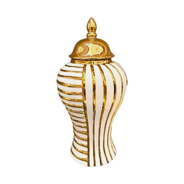 Porcelain Flower Vase Ginger Jar Gold Color Stripes Delicate with Lid