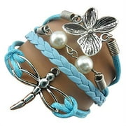 ACUNION Handmade Dragonfly Flower Charm Friendship Gift Leather Bracelet - Blue