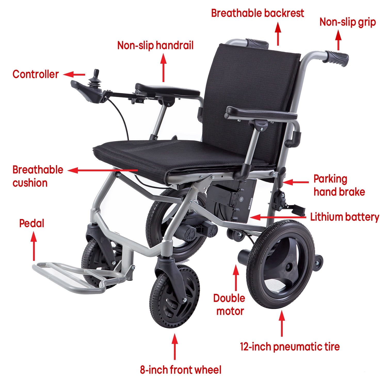 Rubicon Lightest, (only 30lbs) Foldable Electric Wheelchair, Travel Size, User-Friendly.