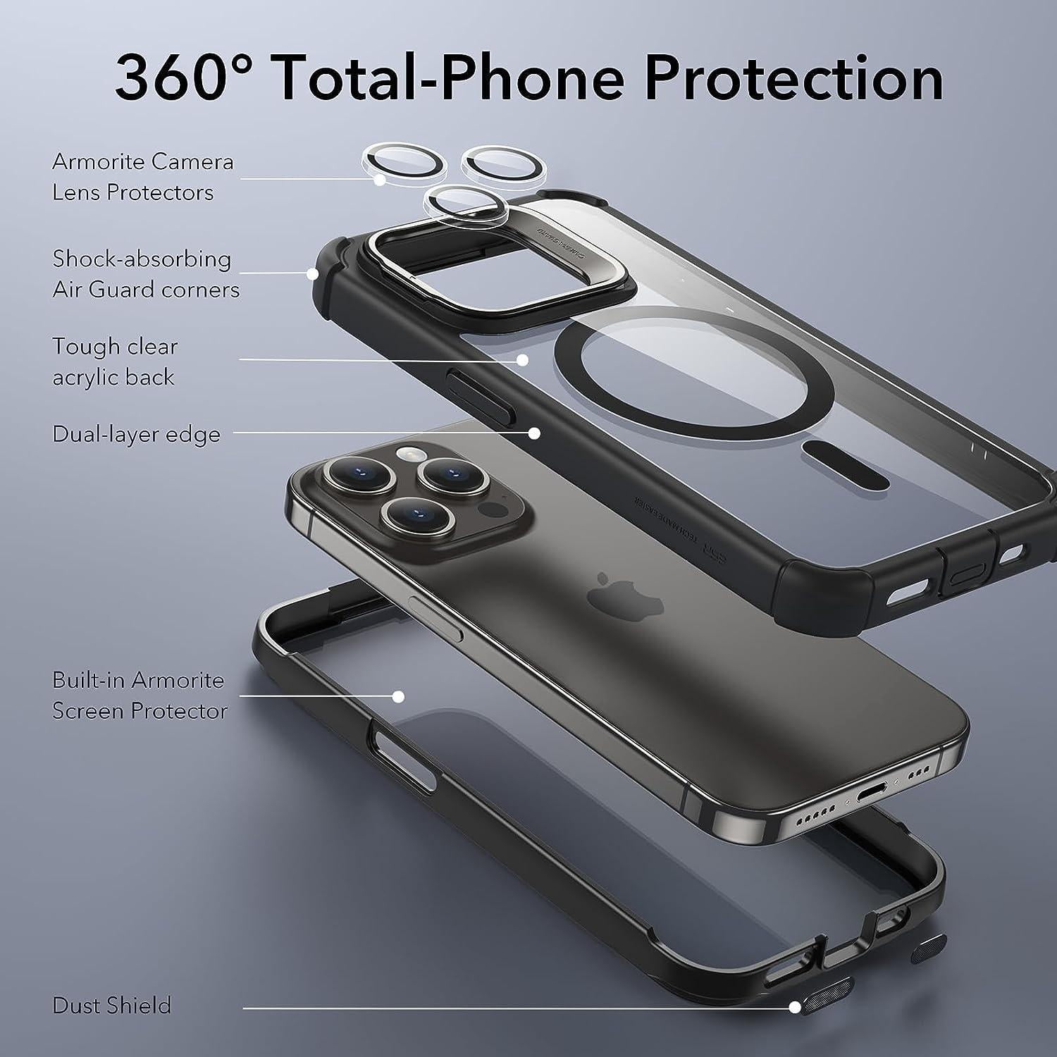 ESR iPhone 15 Pro Case with Stand MagSafe, Military-Grade Drop Proof with 9H+ Tempered Glass Screen Protector, Black