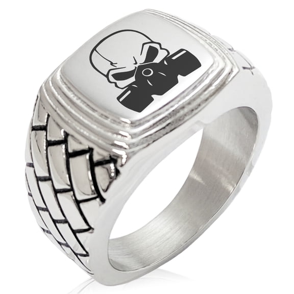 Stainless Steel Biohazard Death Skull Geometric Pattern Step-Down Biker Style Polished Ring