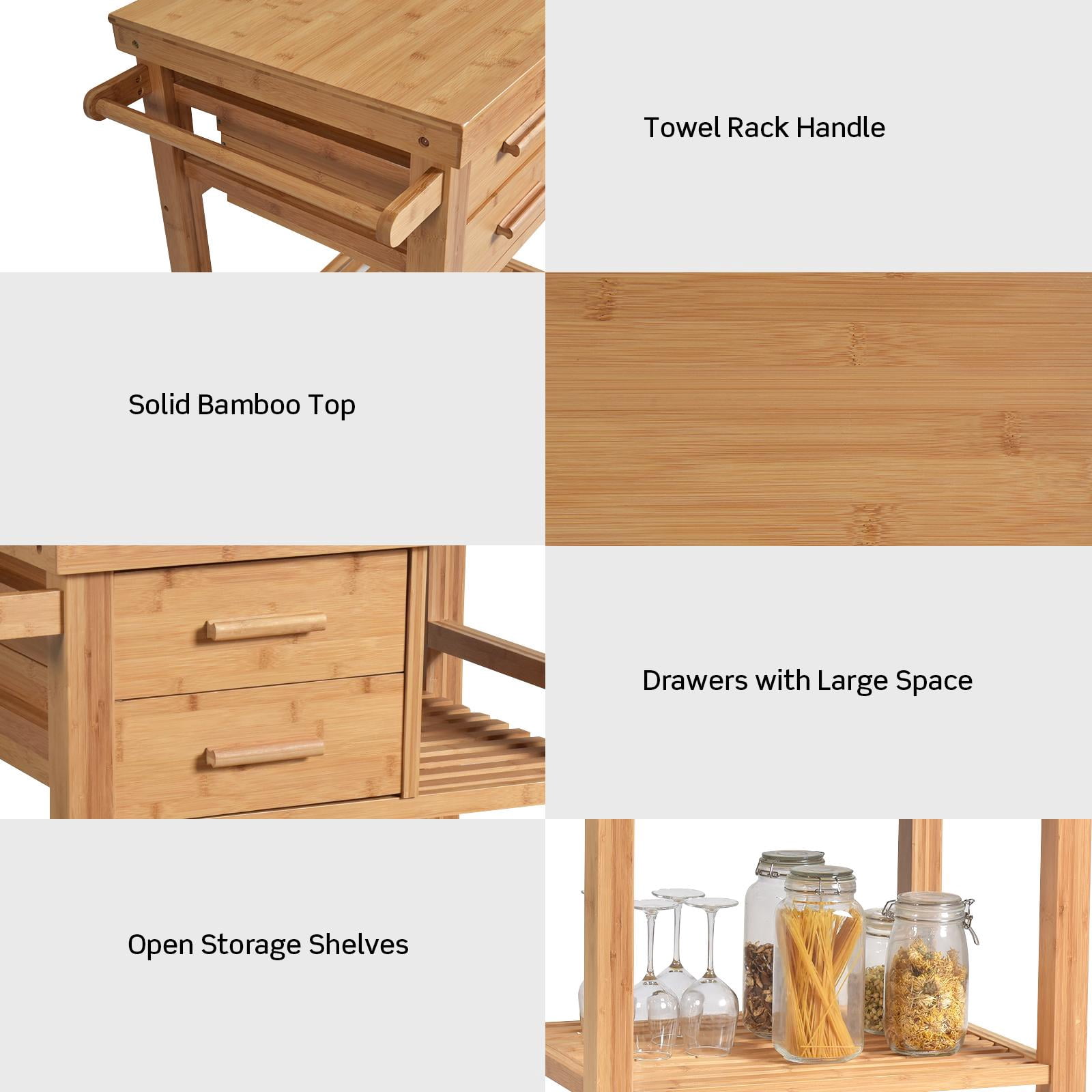 Giantex Bamboo Kitchen Island Cart Trolley, 3-Tier Rolling Kitchen Cart w/ 2 Drawers, Open Shelves, Towel Rack, Kitchen Serving Storage Cart for Kitchen, Dining Room, Living Room, Natural