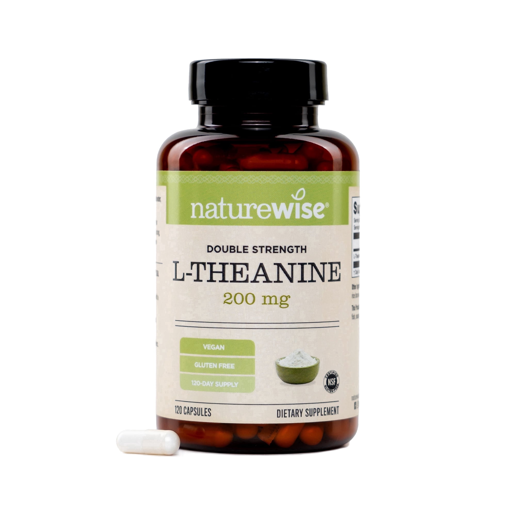 NatureWise Double Strength L-Theanine 200mg - Vegan L Theanine Supplement for Relaxation + Sleep Support - NSF Gluten-Free Certified - Non-GMO, USA Manufactured - 120 Capsules[120 Day Supply]