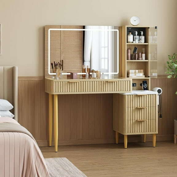 Gravee Vanity Desk with Mirror, LED Lights and Power Outlet Makeup Vanity Table with 5 Drawers and 3 Storage Shelves Ressing Table for Bedroom Dressing Room (Wood Color)