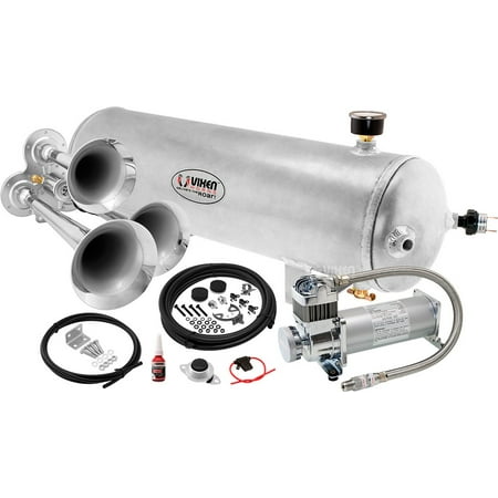 - Vixen Horns Loud 135dB 3/Triple Chrome Trumpet Train Air Horn with 3 Gallon Raw Aluminum Tank and 200 PSI Compressor Full/Complete Onboard System/Kit VXO8330APRO/3114C