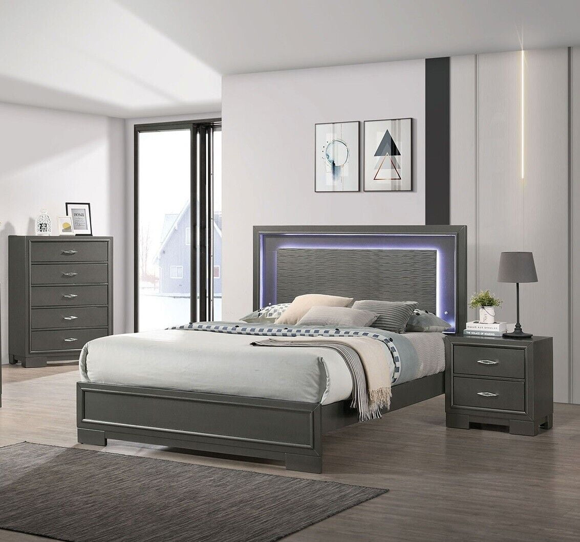 Full Size Bed 2x Nightstand Metallic Grey Bedroom Furniture 3pc Set ...