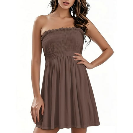 OAMDNDEA Beach Dresses for Women Sleeveless Solid Color Summer Dresses Strapless Tube Top Dress Flowy Trendy Off the Shoulder Boho Dress Beach Vacation Clothes Brown M