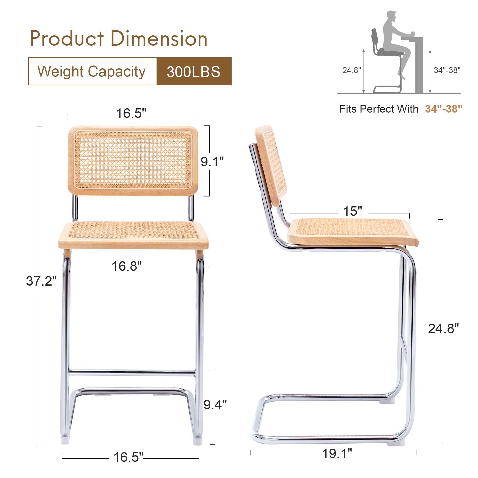 Zesthouse Rattan Counter Height Bar Stools Set of 2, 24.8" Counter Height Chairs with Cane Back, Mid Century Modern Barstools for Kitchen Island, Natural