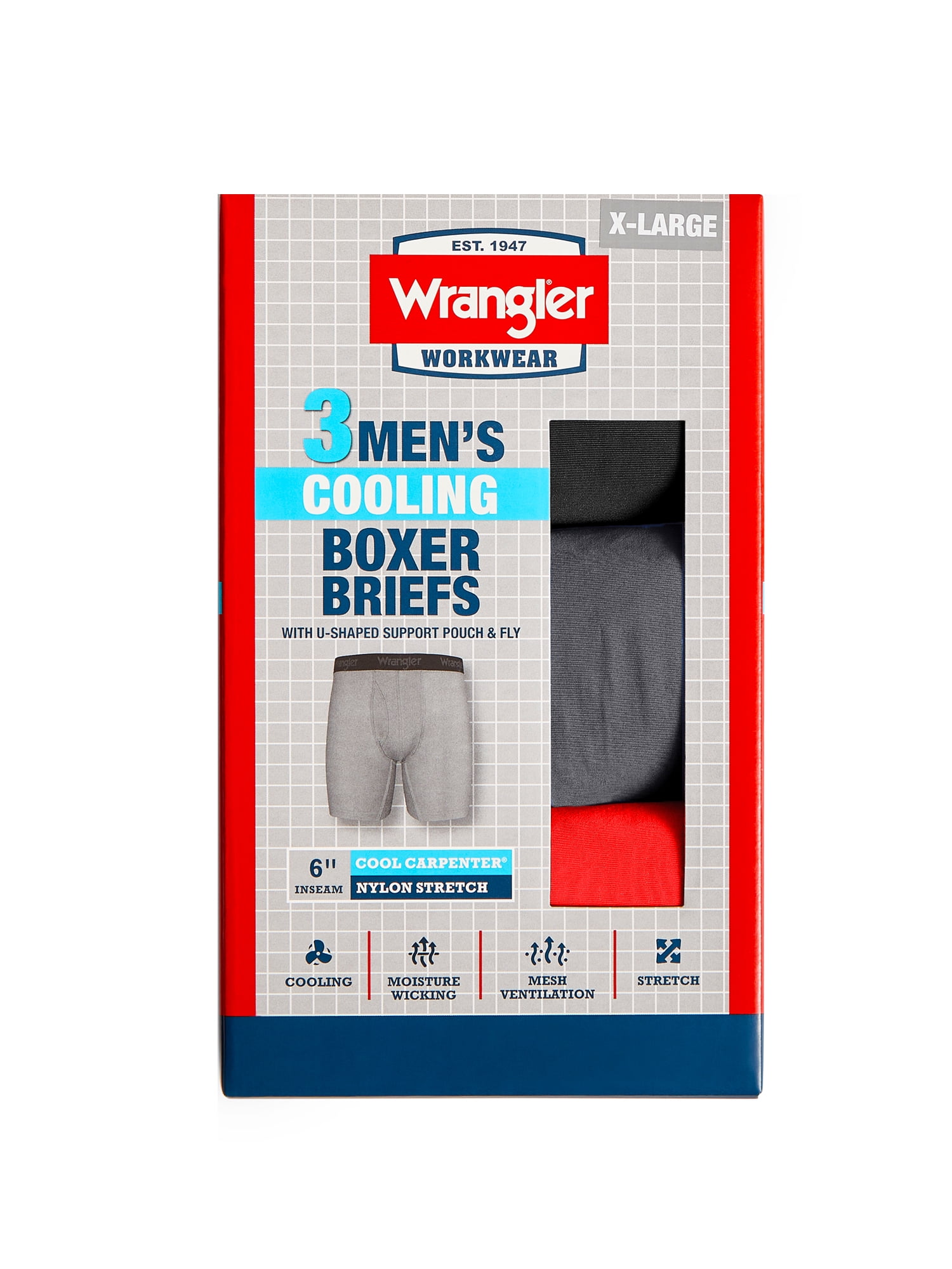 Wrangler Cool Carpenter 6" Boxer Briefs Men's Underwear, 3XL, Black/Charcoal/Salsa, 3-Pack