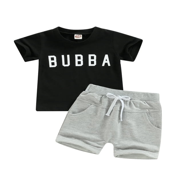 Newborn Baby Boy Summer Short Set Short Sleeve Bubba T-Shirt Elastic Waist Shorts 2Pcs Outfits Suit White Blue 6-12 Months