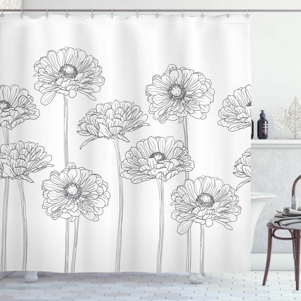Gerber Daisy Shower Curtain, Monochrome Uncolored Thin Line Artwork of