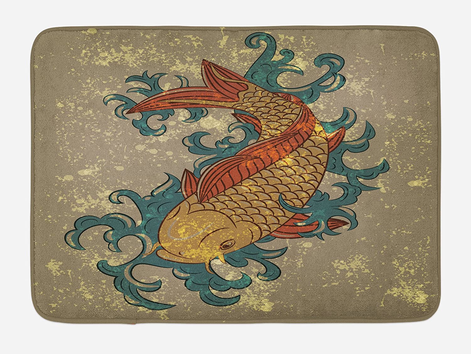 Japanese Bath Mat, Grunge Style Oriental Water Koi Carp Fish Aquatic Theme  Distressed Pattern, Plush Bathroom Decor Mat with Non Slip Backing, 29.5