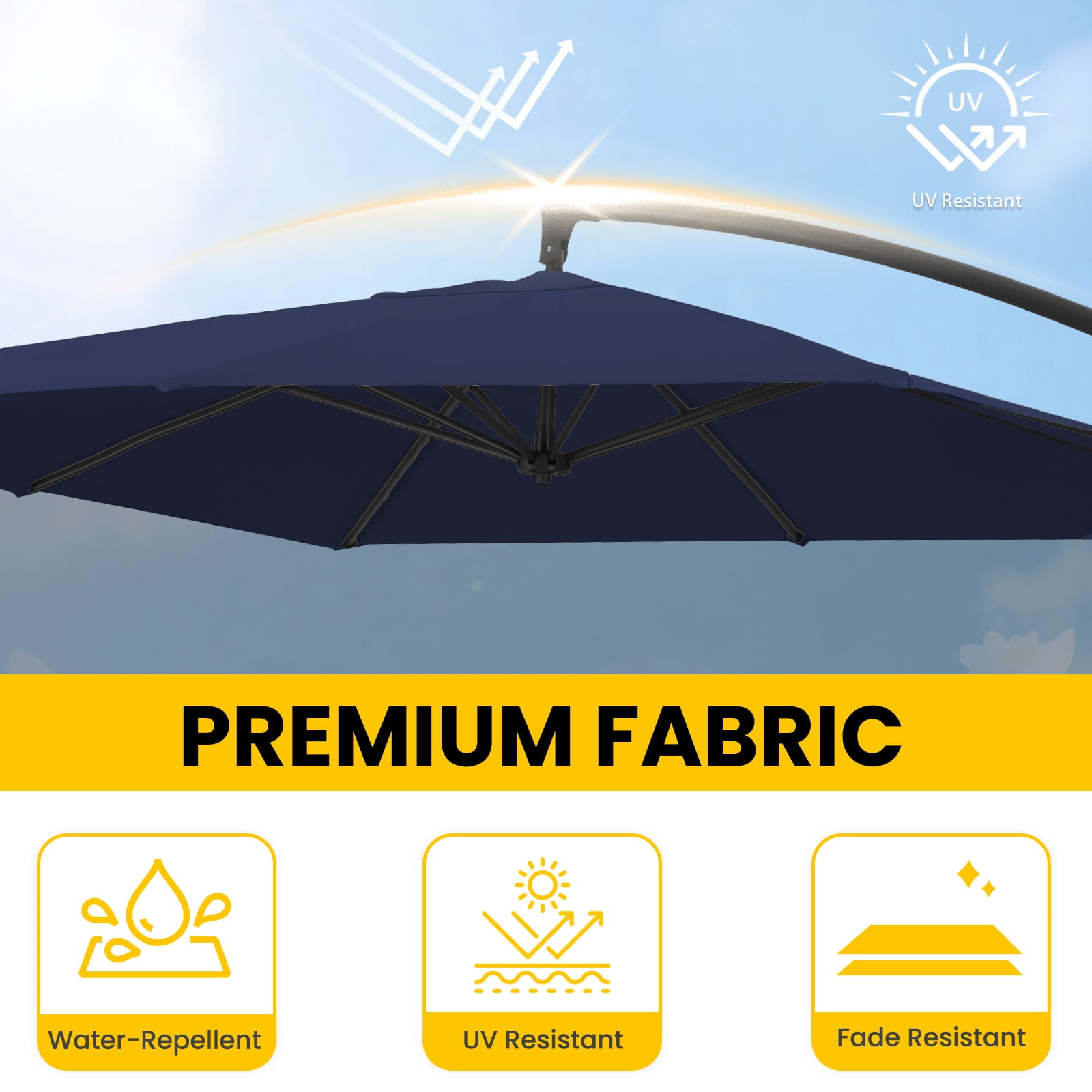 FUNDAZE 8x8ft Hanging Cantilever Patio Umbrella with Base, Square Outdoor Sun Shade with Crank & Tilt for Garden, Backyard, Deck,Navy Blue