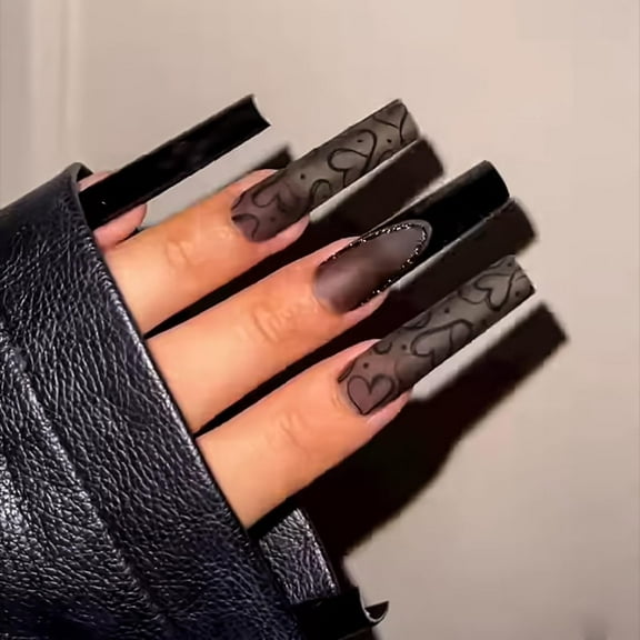 24 Pcs Black Press on Nails French Tip Square Fake Nails Matte Full Cover False Nails with Heart Shaped Pattern Designs Glitter Nails Tip Acrylic Nails for Women Artificial Nails Style 2 0.04 Fl Oz