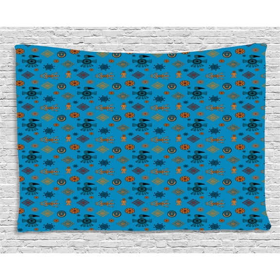 Gecko Tapestry, Ethnic Mexican Motifs Latin American Culture Toucan and Gecko Lizard, Wall Hanging for Bedroom Living Room Dorm Decor, 80W X 60L Inches, Petrol Blue Orange Blue, by Ambesonne
