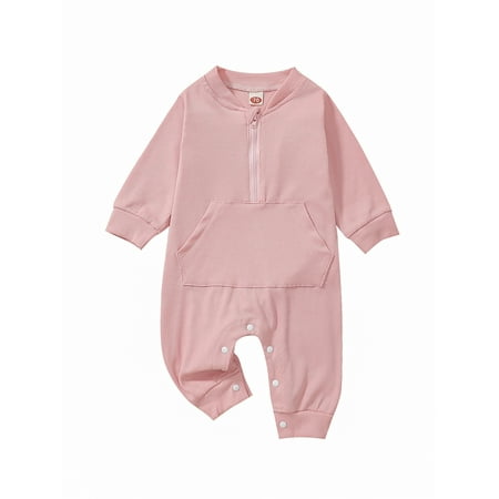 

Xingqing 0-18M Newborn Infant Baby Girl Boy Jumpsuit Half Zipper Long Sleeve Jumpsuit One Piece Bodysuit Pink 12-18 Months