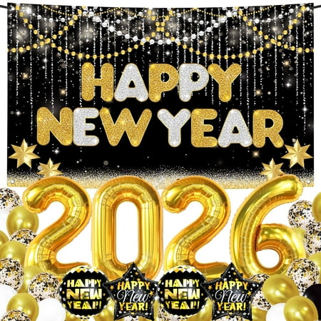KatchOn Huge New Years Eve Party Supplies 2026 - Pack of 44 | Gold and Black Happy New Year Banner 2026 Balloon Numbers | New Years Balloons for New Years Eve Decorations New Years Decorations