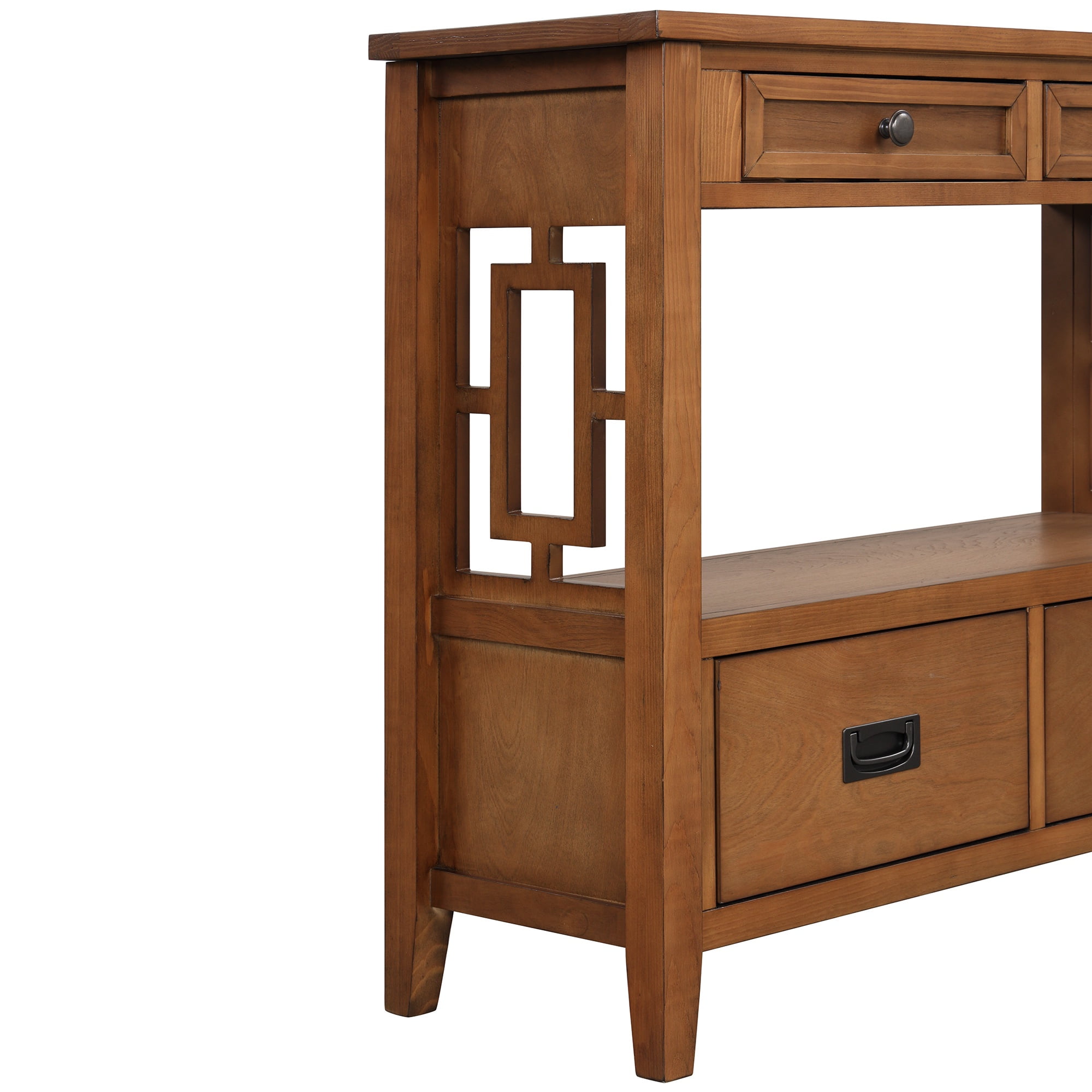 PORKISS Farmhouse Solid Wood Console Table, Entryway Table Hallway Table with 4 Drawers 1 Storage Shelf, Sofa Table for Living Room, Foyer, Brown