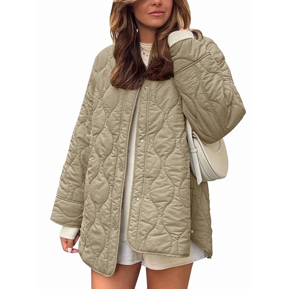 Female Oversized Quilted Jacket Button Down Cotton Padded Outerwear with Pocket Khaki L