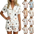 thumbnail image 4 of MEZZALL Women Halloween Print Pajama Lapel Collar Short Sleeve Tie Front Top And Shorts Sleepwear Soft Cozy Loungewear Two Piece Pajamas For Nighttime Relaxation Fashionable Pjs, 4 of 7
