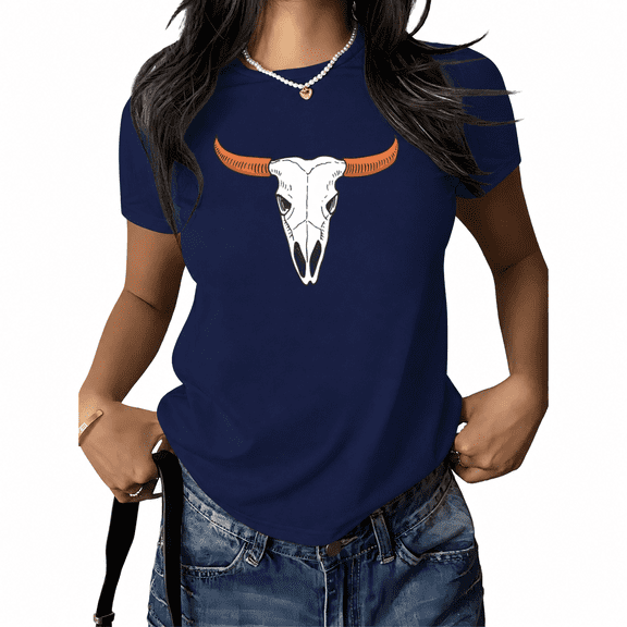 UNISHE Women's Western Longhorn Skull Graphic Tee Vintage Bull Skull Head Short Sleeve T-Shirt Casual Crewneck Loose Fit Navy Blue