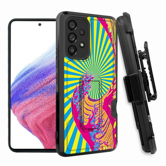 ANJ  Rugged Shockproof Hoster Case w/Card Slot, Kickstand   Tempered Glass Cover for Samsung Galaxy A33 5G - Neo Tsunami Waves