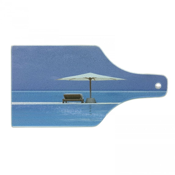 Seaside Cutting Board, Beach Chairs and Umbrella on a Island in the Middle of Ocean Seascape Picture, Tempered Glass Cutting and Serving Board, Wine Bottle Shape, Blue and Beige, by Ambesonne