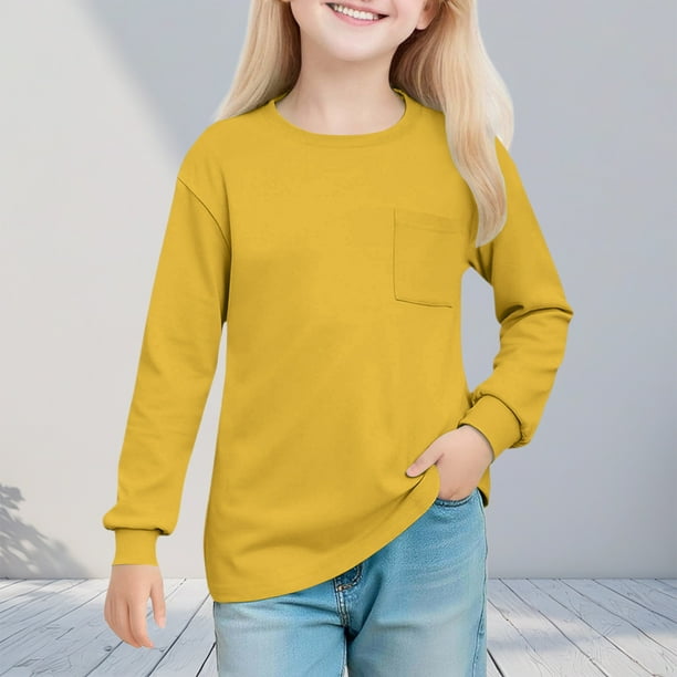 Blusas y camisas de manga larga con cuello redondo para niñas de 5 a 14 años, color liso, con cuello redondo y manga larga