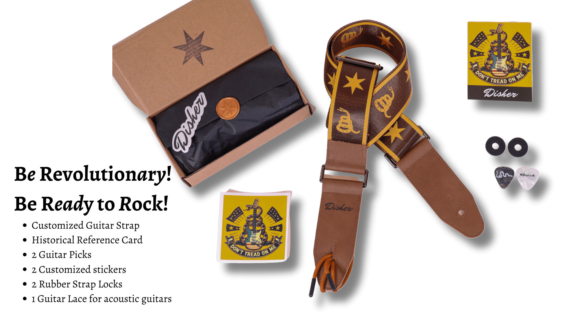 Rattlesnake Star Don't Tread on Me Guitar Strap (Seatbelt-Nylon/Cowhide Leather) Gadsden Flag Guitar Strap
