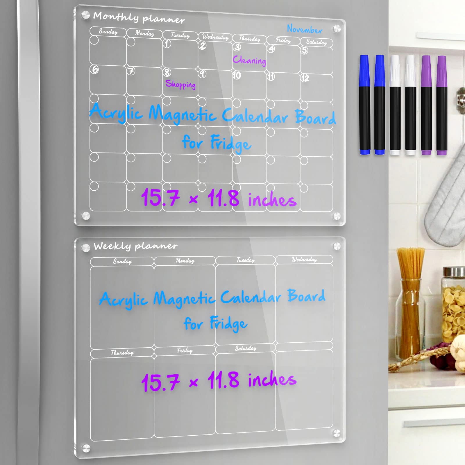Kekefarm Magnetic Acrylic Calendar for Fridge, 17x12 Super Clear Acrylic Dry Erase Board, Nice Dry Erase Markers & Upgraded N35 Pro-Magnetic