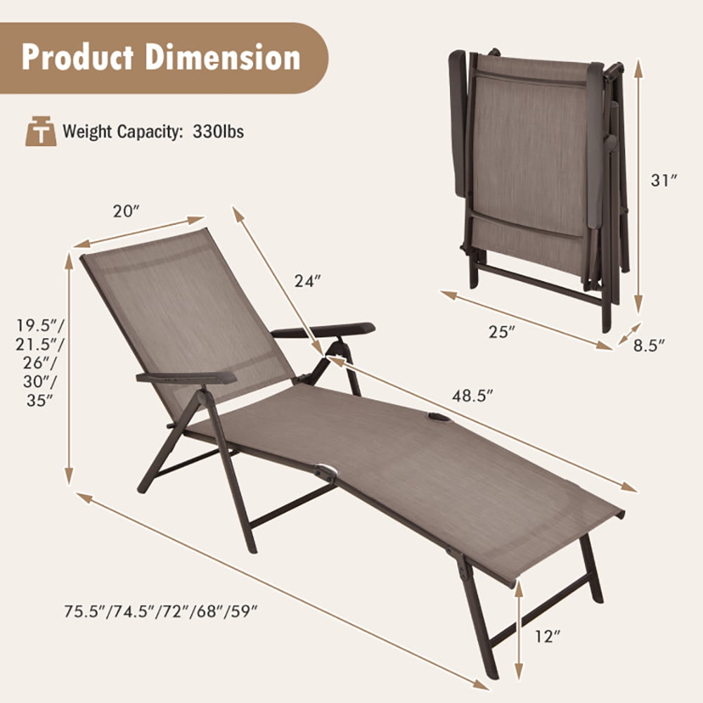 Aimee Lii Patio Foldable Chaise Lounge Chair with Backrest and Footrest, Patio Loungers, Brown