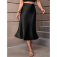 thumbnail image 4 of Women Solid High Waist Silky Casual Elastic Satin Midi Skirt Black S, 4 of 9