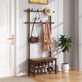 thumbnail image 2 of Costway Bamboo Coat Rack with Bench Shoe Storage 2 Hanging Rods 11 Hanging Hooks Shelves Brown, 2 of 10