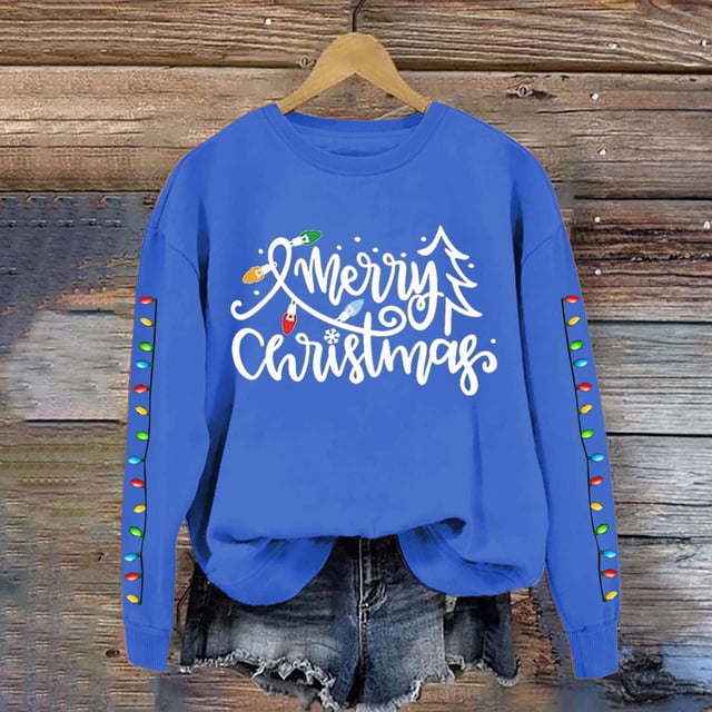 IDALL Chandails à Capuchon pour Femmes Sweat à Capuche Graphique de Noël Chandails en Molleton pour Femmes Joyeux Noël Imprimé Lettre Col Rond Manches Longues Chandail en Molleton Pull de Noël Cadeaux de Noël Liquidation Bleu S